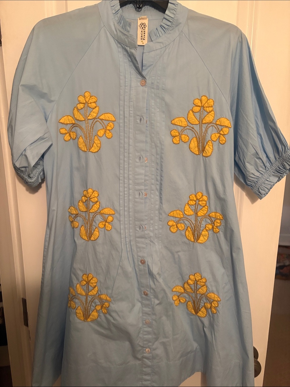 Uncle Frank Light Blue Button-Down Shirt with Yellow Floral Embroidery